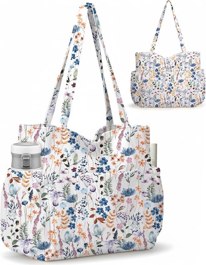Corduroy Tote Bag for Women,Large Capacity Cute Tote Bags With 6 Pockets,Crossbody Shoulder Handbag for Work Travel Gym
