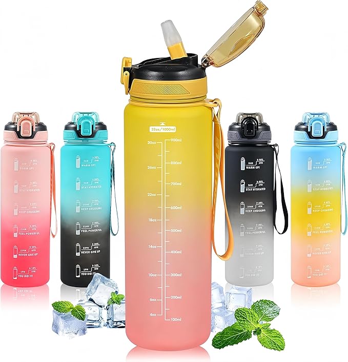 Water Bottle with Straw 1L,Boys Water Bottles with Straw 1 Litre,Waterbottle Leak-Proof Sports Water Bottle,Plastic Drinks Bottles Toxin Free，Bpa-Free (Yellow Pink)