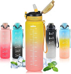 Water Bottle with Straw 1L,Boys Water Bottles with Straw 1 Litre,Waterbottle Leak-Proof Sports Water Bottle,Plastic Drinks Bottles Toxin Free，Bpa-Free (Yellow Pink)