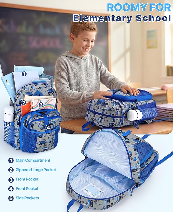 VASCHY Boy Kids Backpack & Lunch Bag Set, 2-in-1 School Bookbag with Insulated Lunch Box for Preschool, Daycare, Kindergarten & Elementary School – Construction Trucks