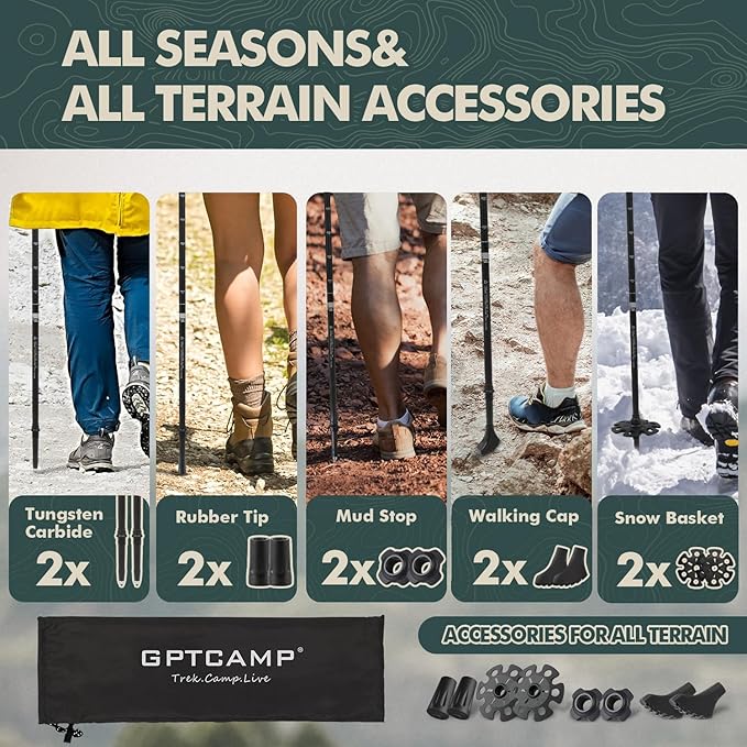GPTCAMP Walking Sticks,Trekking Poles Collapsible Hiking Poles,Lightweight Folding Travel Walking Pole for Men Women,2pc Adjustable Hiking Stick with EVA Foam Grips for Backpacking