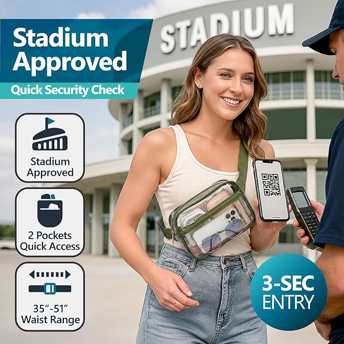 Veckle Clear Fanny Pack Stadium Approved - Plus Size 35-51 Inch Adjustable Strap Transparent Belt Bag for Women Men Fits 7.5" Smartphone, Crossbody Clear Bag for Stadium Events Sports Concerts, Green