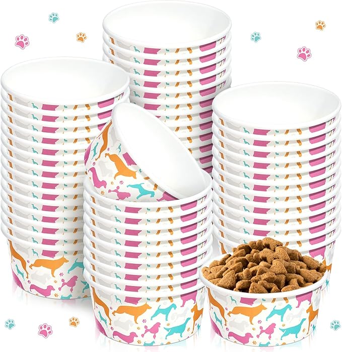 Mifoci 100 Pcs Disposable Dog Bowls 1.5 Cups Pets Disposable Feeding Bowls for Dogs and Cats Pets Paper Travel Cups for Small Medium Dogs Cats Puppy Kitten Dry or Wet Serving Food Water (Classic)