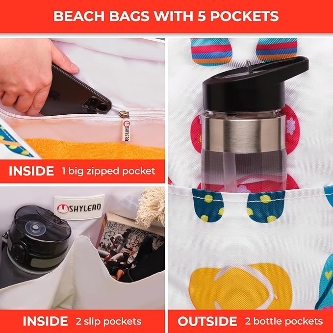 Beach Bag and Pool Bag Has Cooler Pocket, 7 Pockets Total, Zip Top. Family Size Waterproof Beach Tote