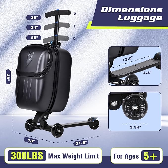 smilesun Foldable Ride On Scooter Suitcase with Front Opening, Lightweight Carry On Scooter Luggage for Adults, Teens & Kids（Black 20-inch）