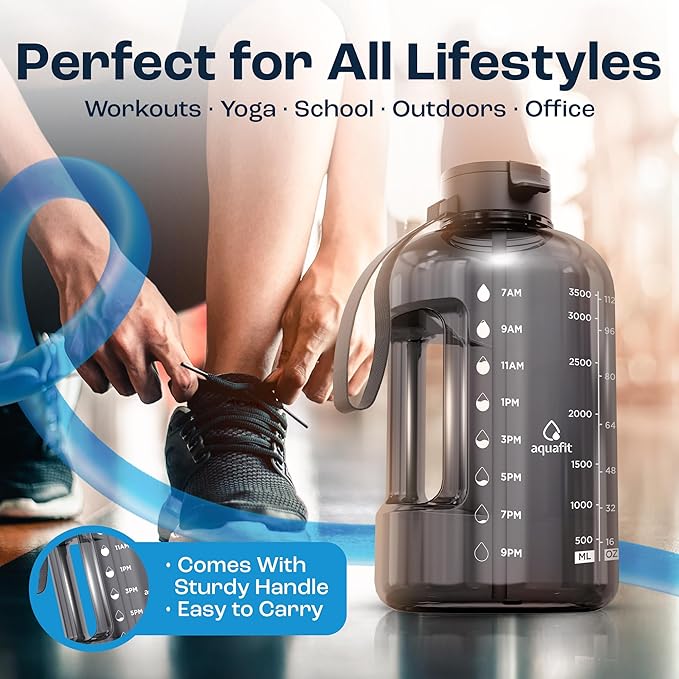 AQUAFIT 1 Gallon Water Bottle with Time Marker - Straw & Chug Lid - BPA Free Gym Water Bottle with Straw - Big Gallon Jug (Aqua, 128 oz - 2 Lids)