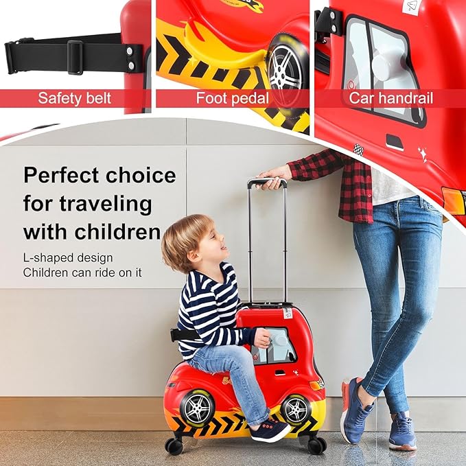 24 Inch Kid Ride Suitcase,Kid Luggage Seat Ride With Lock - Kids Travel Trolley With Safety Belt, Kids Luggage With Wheels Child Stroller Spinner Luggages, ABS+PC (Red Car, 5-12 Years)