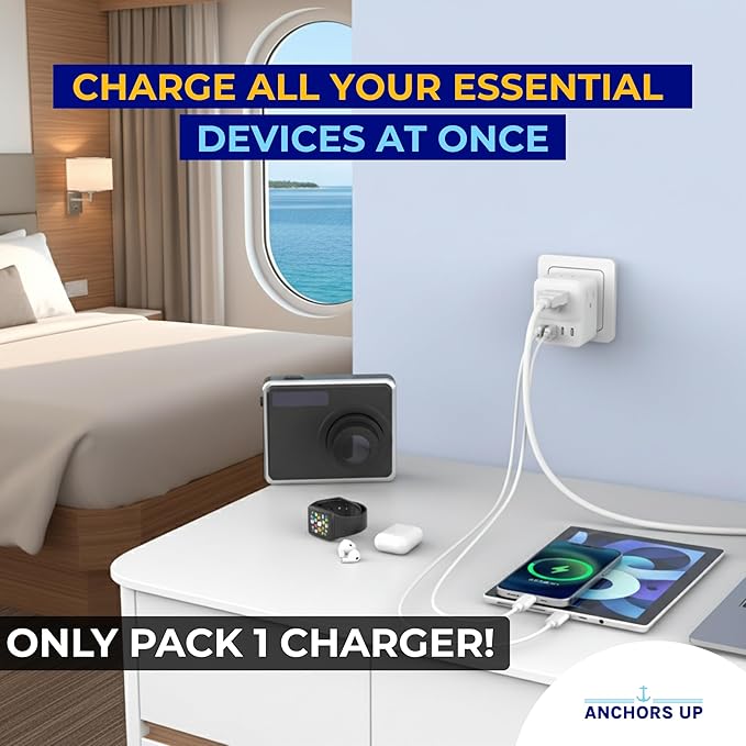 Cruise Approved UK Plug Travel Adapter for Cruise Ships – Non Surge 8-in-1 Multi Plug Extender with 4 AC Outlets, 2 USB & 2 USB-C Ports – Compact Cruise Essential for Cunard, P&O & More