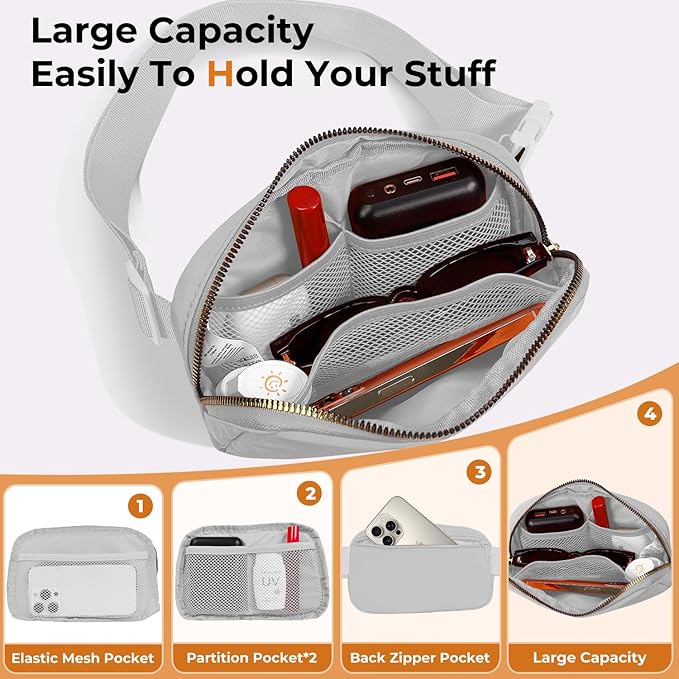 Belt Bag Zipper Fanny Pack Crossbody Bags for Women,Fashion Nylon Waist Packs, Water Repellent Two Way wear with Adjustable Strap Gifts for Teenage Girls Women Men(light gray)