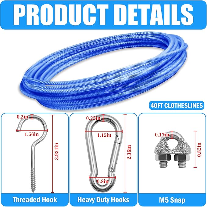40ft Clothes Line Outdoors 3/16" Wire Ropes Blue PVC Coating Laundry Drying Clothesline with Metal Hooks and Snap Heavy Duty for Umbrella Travel Outside Camping Backyard