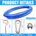 40ft Clothes Line Outdoors 3/16" Wire Ropes Blue PVC Coating Laundry Drying Clothesline with Metal Hooks and Snap Heavy Duty for Umbrella Travel Outside Camping Backyard