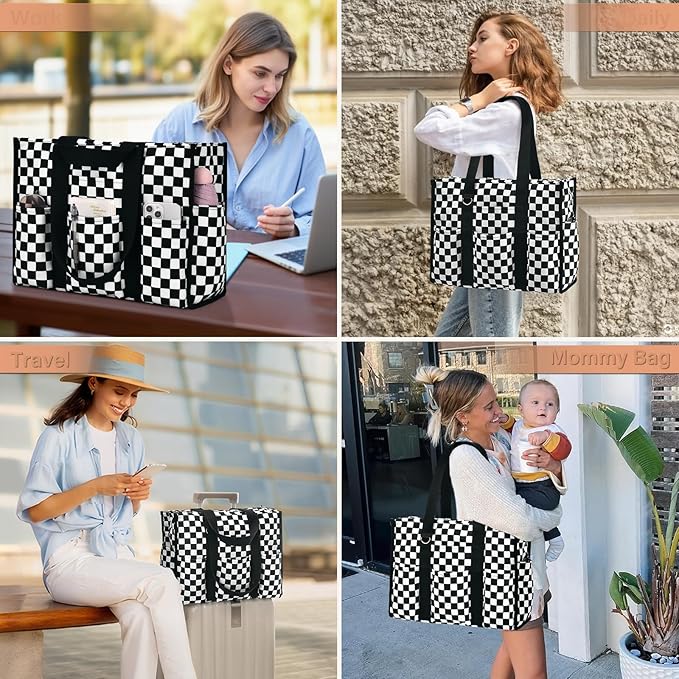 Becokan Large Tote Bag for Women Waterproof with 12 Pockets Top Zipper Closure Utility Teacher Nurse Bags for Work School
