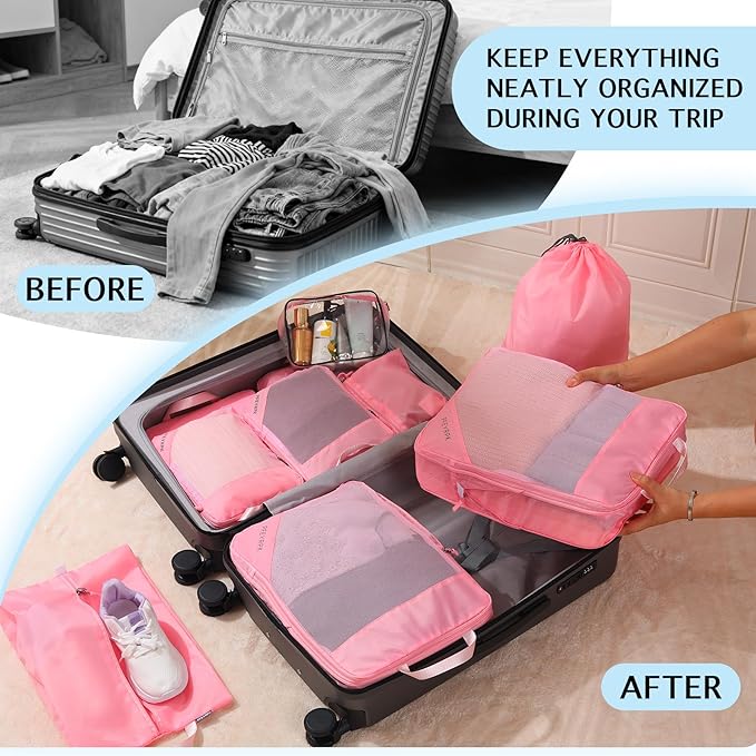 PFEYRPK Lightweight Compression Packing Cubes for Suitcases, Compressible Expandable Travel Packing Organizer with Clear Toiletries and Backpack Bag, Travel Essentials for Carry on Luggage 7 Set