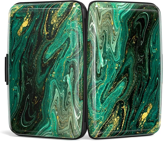 Credit Card Holder, Mini Aluminum Card Wallet RFID Blocking Slim Metal Hard Card Case for Women Men, Green Gold Marble