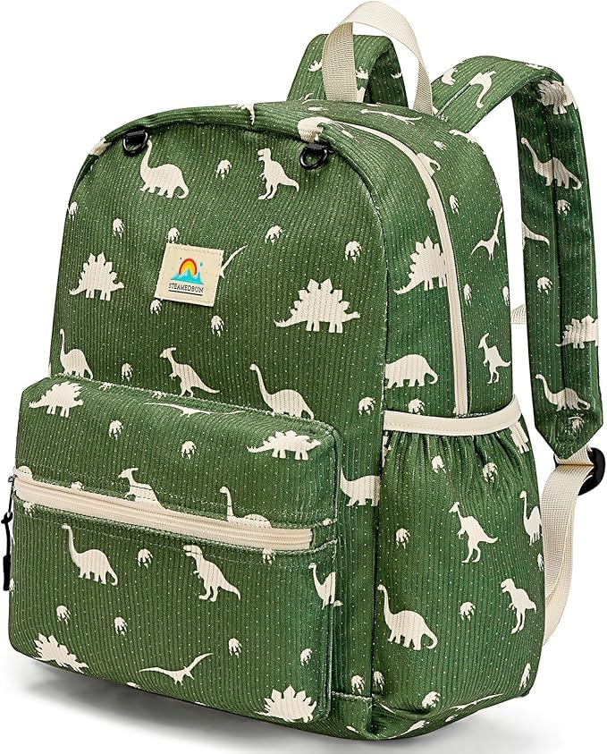STEAMEDBUN Corduroy Kids Backpack for Boys and Girls 5-8: Boys Backpack for Elementary Kindergarten - 15 inch Cute Backpacks for Kids - Dinosaur