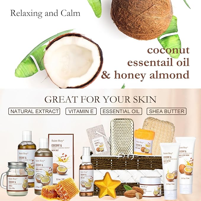 Mothers Day Gifts for Women, 26Pcs Coconut Honey Almond Spa Gift Basket for Women & Men Spa Gift Bask,Spa kit Bath and Body Basket Set, Large Home Spa Kit, Relaxing Self-Care Birthday Bridal Shower
