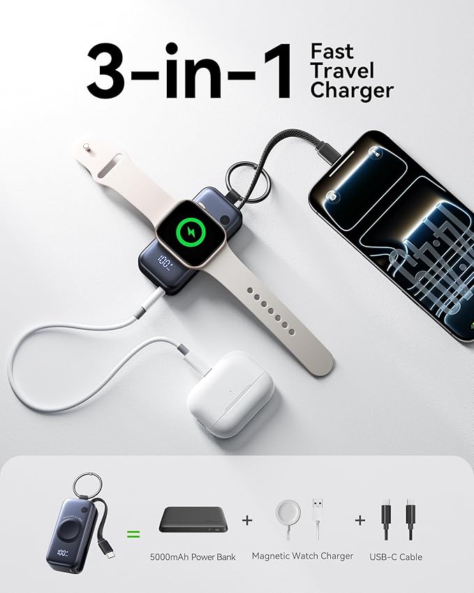 INIU 3-in-1 Portable Charger, 5000mAh Power Bank with Watch Charger & Built-in Cable, Compact 20W Fast Charging Battery Pack, Key Chain & Travel Essential for iPhone 16 15, Apple Watch, etc