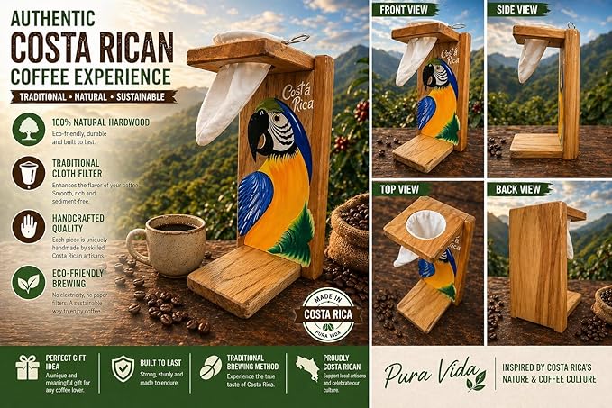 Tapanti store.Chorreador,Costa Rican handcrafted foldable wooden pour-over coffee maker.Includes a reusable cloth filter.Hand painted Macaw wooden design.Light Cedar.Perfect for travel (Blue/Orange)
