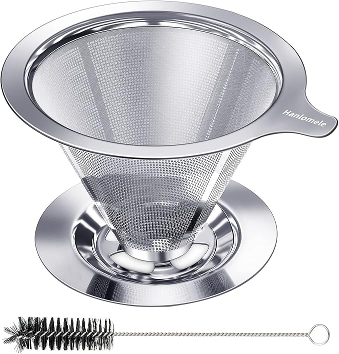 Hanlomele Pour Over Coffee Dripper, Paperless Reusable Coffee Filter, Pour Over Coffee Maker for Single Cup Brew, Double Mesh Design of Stainless Steel Cone Filter for Perfect Extraction (1-4 Cup)