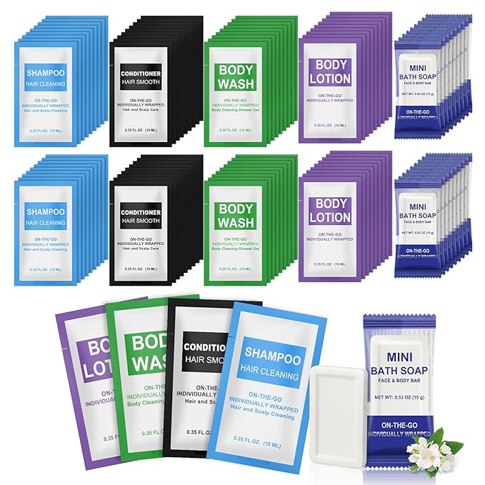 30 Pcs 5-IN-1 Hotel Soaps and Toiletries Bulk Set,5-Piece Set 0.35 oz each Packets Shampoo,Conditioner, Body Wash and Lotion,0.53 oz Soap Mini Travel Size Toiletries Supplies kit for Guests,Homeless