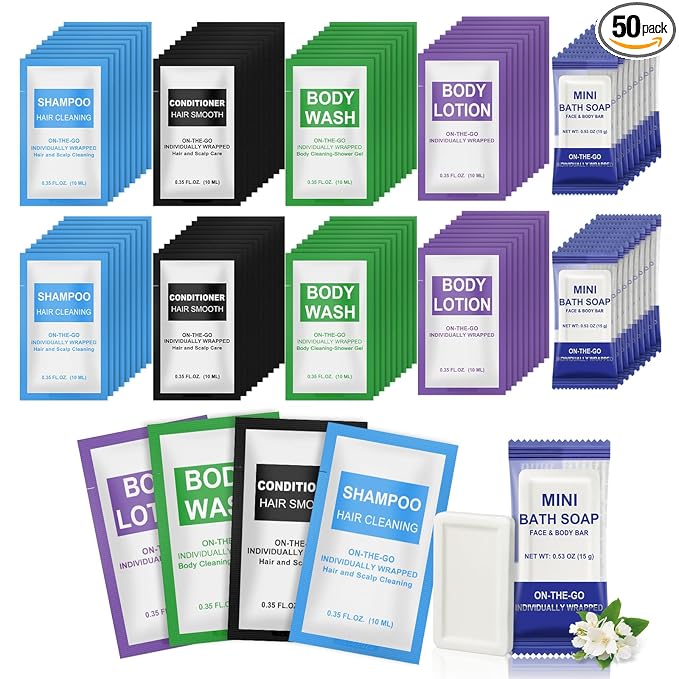 50 Pcs 5-IN-1 Hotel Soaps and Toiletries Bulk Set,5-Piece Set 0.35 oz each Packets Shampoo,Conditioner, Body Wash and Lotion,0.53 oz Soap Mini Travel Size Toiletries Supplies kit for Guests,Homeless
