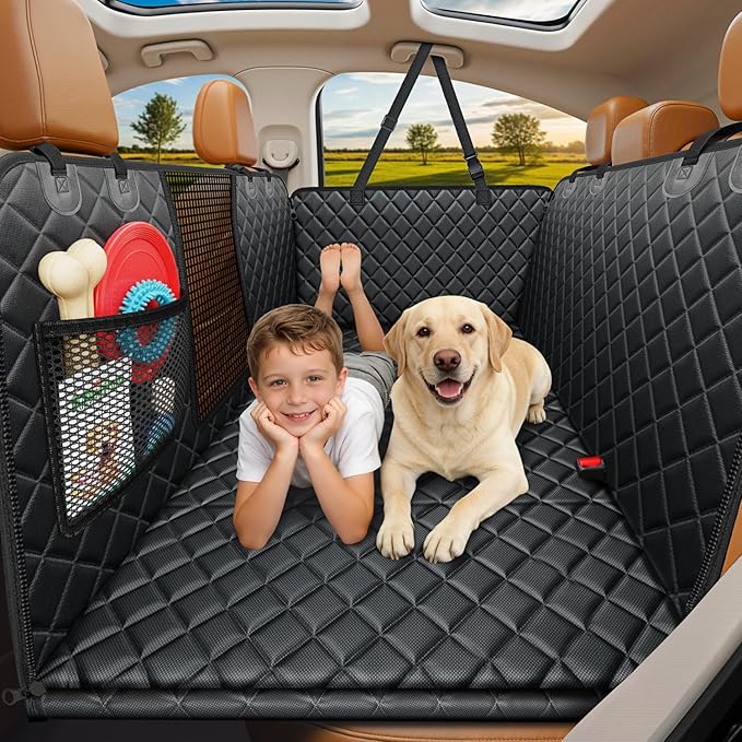 URPOWER Backseat Extender for Dogs - Hard Bottom Dog Car Seat Cover for Back Seat, Dog Hammock for Car and SUV, Pet Rear Seat Protector Dogs Travel Bed with Mesh Window