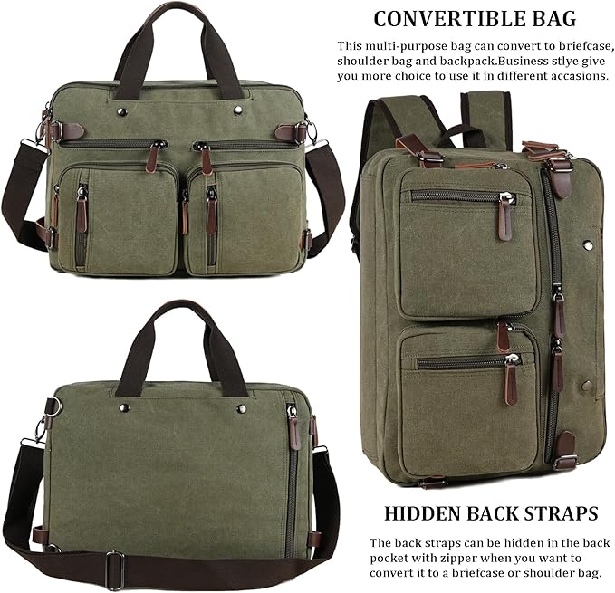 CROCOD 3 In 1 Canvas Convertible Laptop Bag for Men Women, 17.3 inch Laptop Messenger Bag Work Briefcase, Computer Shoulder Bag for Travel Business Office (Green, 17.3 Inch)