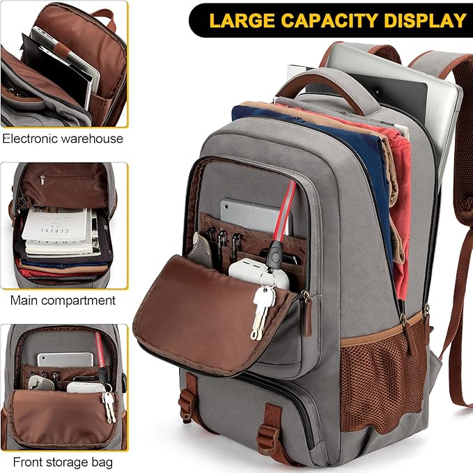 Tzowla Canvas Laptop Backpack, Bag for Men Women,Travel Work Rucksack Fits 17.3 Inch Laptop, Large Capacity Bookbag(Khaki- Grey)