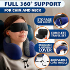 Neck Pillow for Plane Travel – 4-in-1 Kit | Adjustable Blue 100% Memory Foam Neck Support Pillow, 3D Eye Mask, Earplugs, & Cozy, Washable Cotton Cover with Secure Buttons – Sleep Comfort for Travel