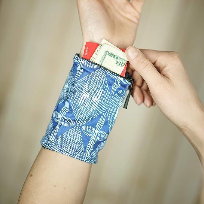 Travel Wrist Wallet Pouch With Zipper Pocket For Cash, Cards, Money. Made For Travel, Running, Walking & Hiking - Maui Blue/Black