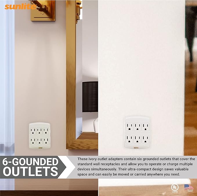 Sunlite 40854 6 Grounded Outlet Adapter, Wall Mountable, 3 Prong Outlet Extender Power Strip, Home and Office, UL Listed, Ivory 6 Pack