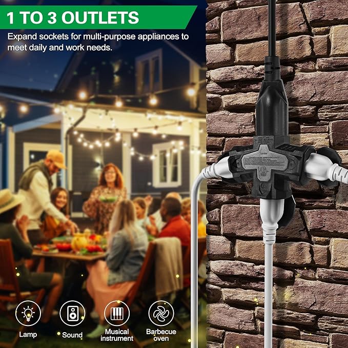 3 Outlet Indoor Outdoor Wall Adapter, ETL Listed 3-Prong Grounded Outlet Splitter, Weatherproof Heavy Duty Multi Outlet Power Plug Extender with Protective Cover, Black (1 Pack)