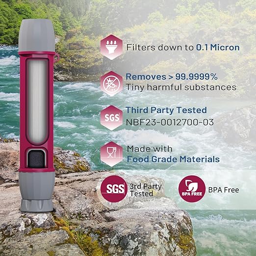 YWF01 Personal Filter Straw for Drinking Survival, Portable Water Purifier Filtration System Survival Gear and Supplies for Camping, Hiking, Travel, and Emergency Preparedness (Plum Red, Pack of 1)