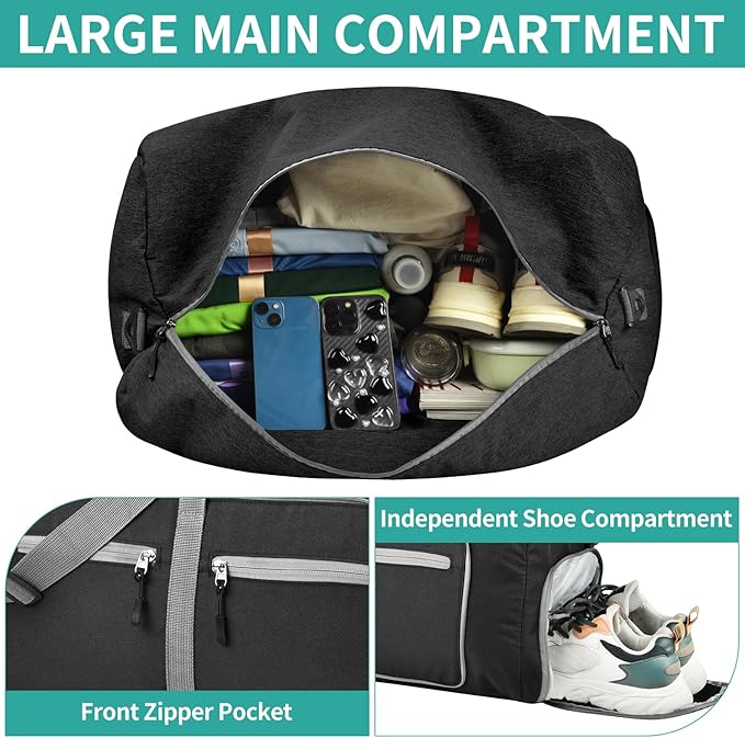 Dimayar 40L Travel Duffle Bag for Men Women - Foldable Duffel Bag with Shoes Compartment - Overnight Bags Waterproof & Tear Resistant(Black)