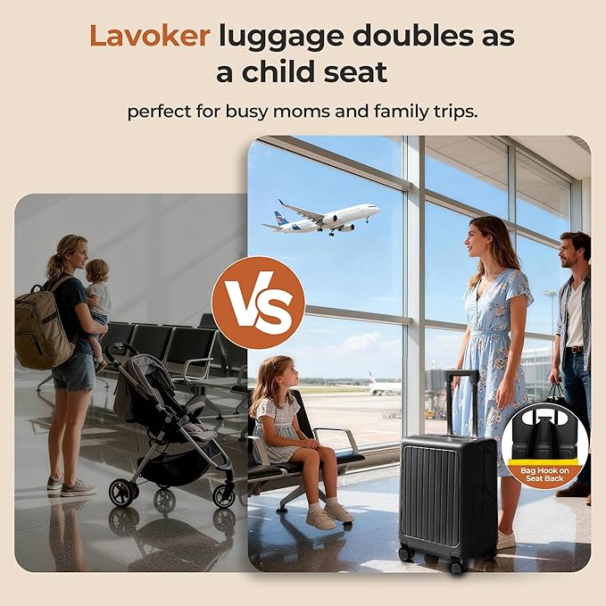 20" Ride-On Luggage with Child Seat, Hardside Carry-On Suitcase with Front Access Shockproof Silent Spinner Wheels, TSA Lock, Charging Port for Kids & Adults & Busy Moms