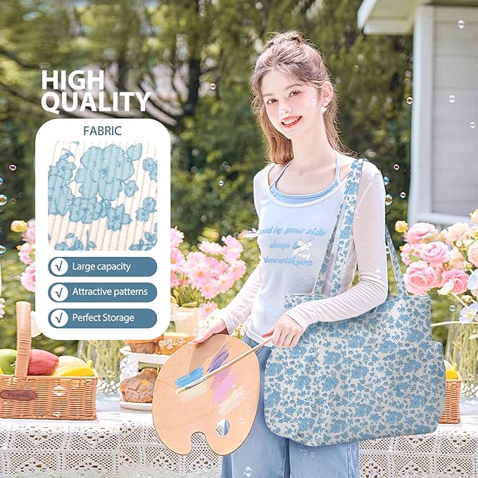 Corduroy Tote Bag for Women,Large Capacity Cute Tote Bags With 6 Pockets,Crossbody Shoulder Handbag for Work Travel Gym