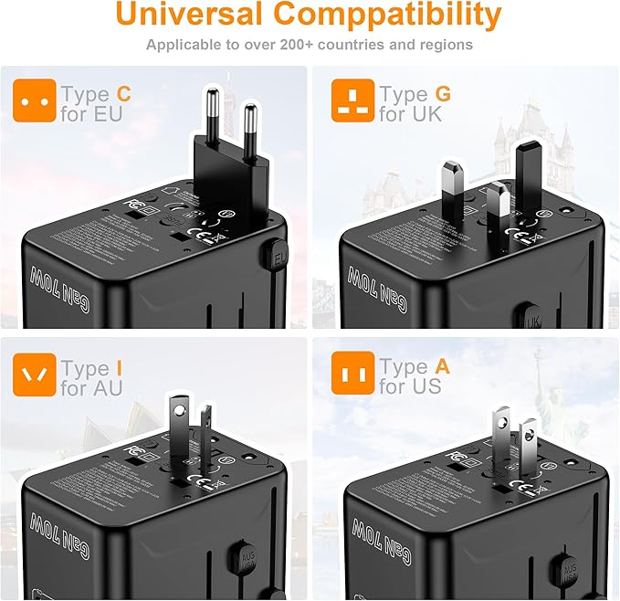 VYLEE 70W GaN International Travel Adapter, Universal Power Adapter with 3 USB-C (PD 70W) & 1 USB-A Ports, Worldwide Wall Charger for US to Europe, UK, Ireland, AU, Asia, Works in 200+ Countries