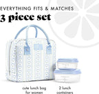 Fit & Fresh Bloomington Lunch Bag for Women - Insulated Large Lunch Box for Work with Containers, Leak-Resistant, Stain-Resistant, Zipper Closure, Blue Wallpaper Bows