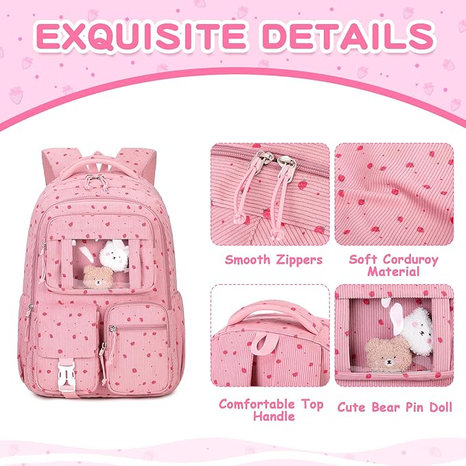 PIG PIG GIRL Corduroy Backpack Kids Backpack for Girls School Bags for Middle School Students Book Bag for Elementary Primary Kawaii Ita Backpack, Pink Strawberry