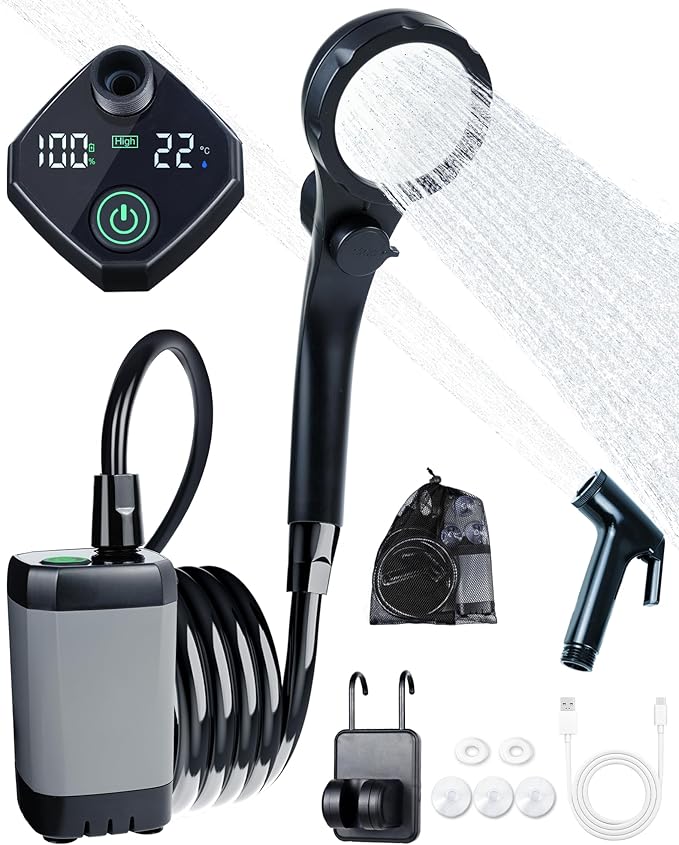 Beviliu Portable Shower for Camping, 6000mAh Rechargeable Camping Shower with Digital Power & Temperature Display, Portable Shower for Camping, Beach, Outdoor Travelling, Hiking, Pet Cleaning