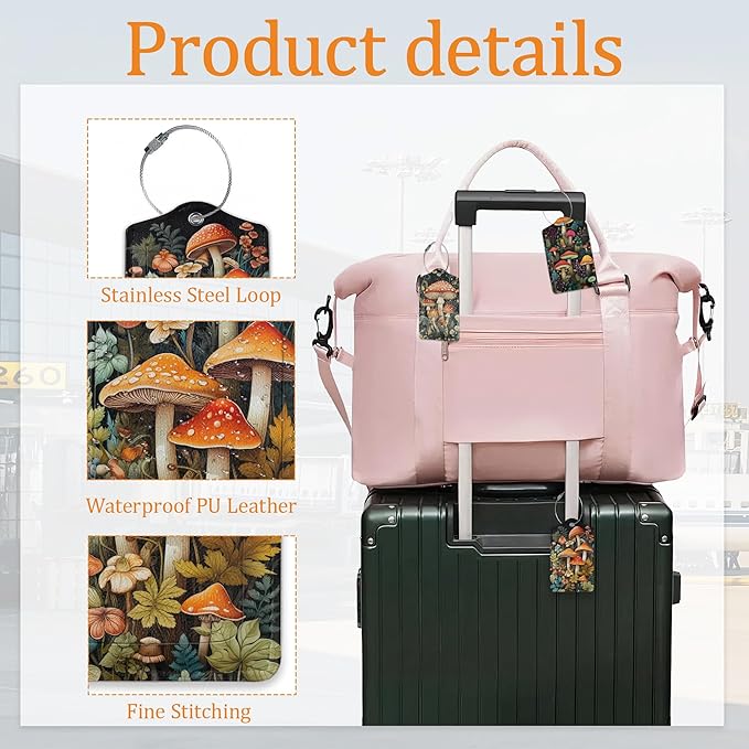 Mushroom Luggage Tags for Suitcases, 3 Pack Leather Bag Tag Identifiers with Stainless Steel Loop and Address Card for Men Women