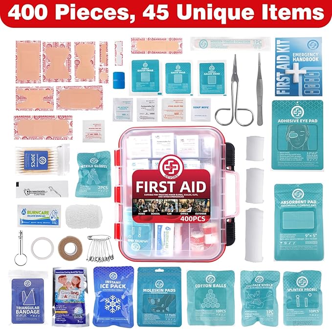 Gevoke 400 Piece First Aid Kit - Organized Dual-Layer Wall-Mountable Hard Case Medical Kit for Home, Car, Camping, Travel, Hiking, Truck, Office, Sports, Vehicle & Outdoor Emergencies