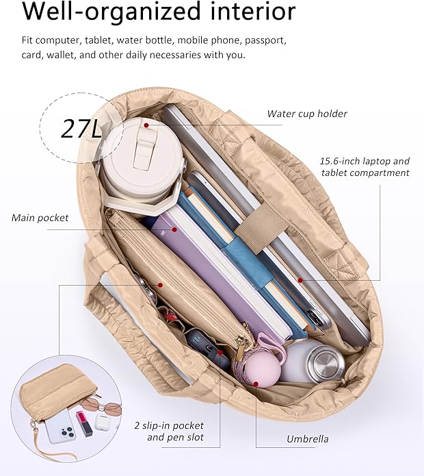 Puffer Tote Bag for Women, Lightweight Puffy Tote with Compartments, Shoulder Bag Crossbody Bags for Women Travel, Work, Gym