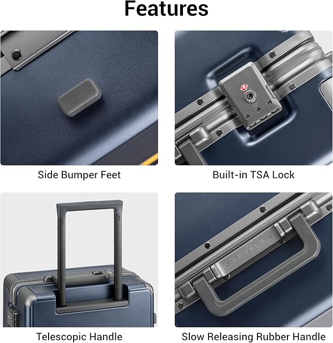 LEVEL8 Carry On Luggage Airline Approved Zipperless with Aluminum Frame, Hard Case Luggage with Spinner Wheels, Metal Travel Suitcase, 20 Inch, Blue