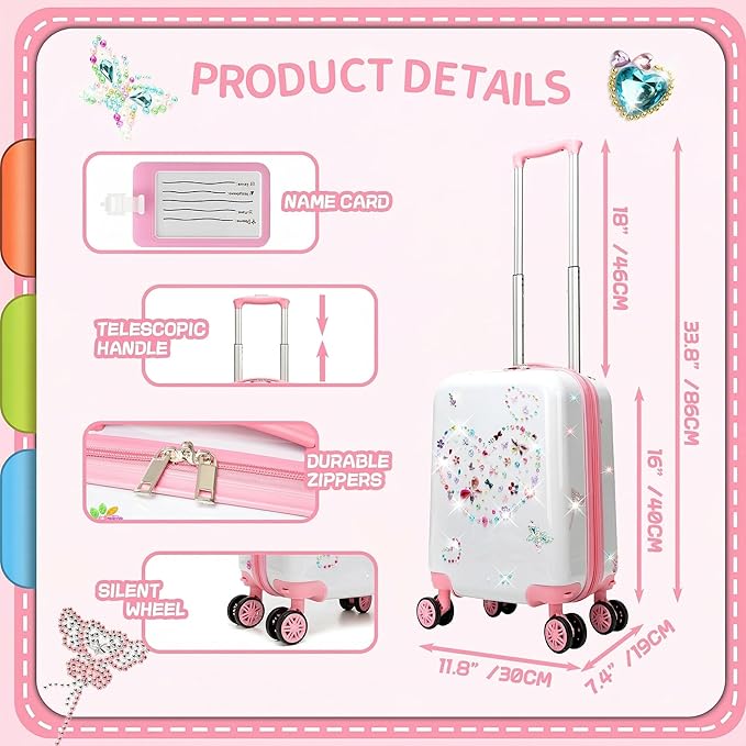 Kids Luggage Sets 2 Piece Pink Rolling Suitcases for Girls with Wheel Shardshell 16" Travel Suitcase with 10 Sheets Gem Stickers