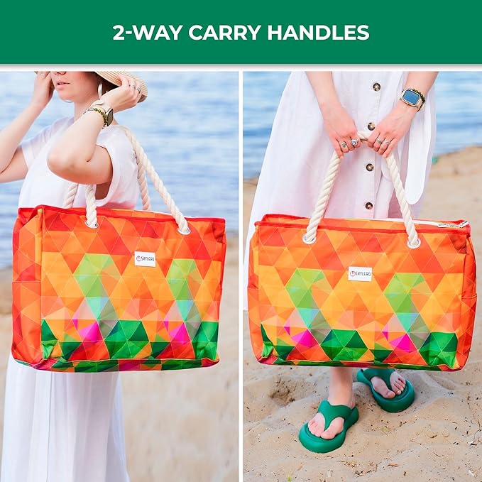 Beach Bag and Pool Bag Has Cooler Pocket, 7 Pockets Total, Zip Top. Family Size Waterproof Beach Tote