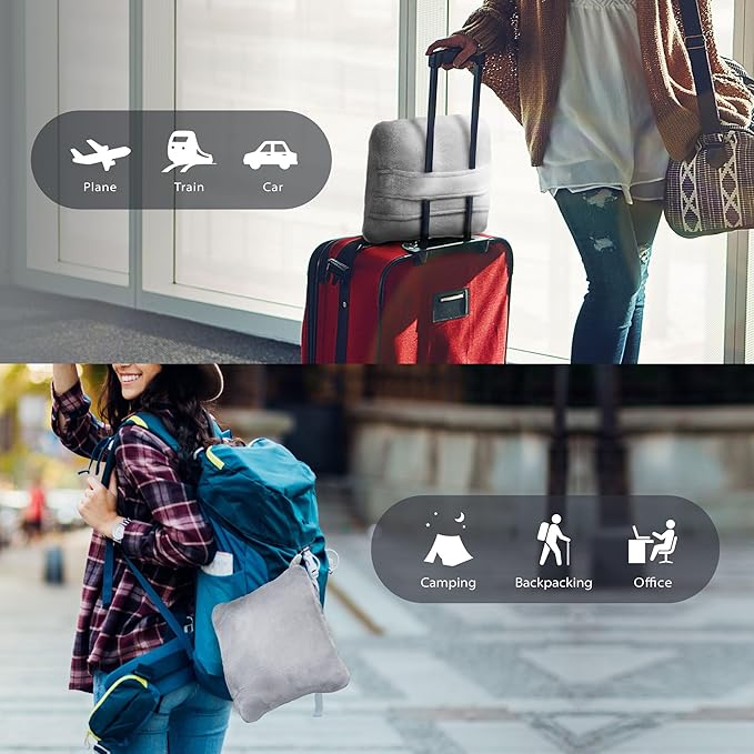 DEZ FURNISHINGS 4-in-1 Travel Compact Blanket Pillow Super Soft Velvet with Luggage Sleeve and Backpack Clip, Gray, 60" W x 45" H