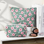 SOIDRAM 2 Pieces Sakura Makeup Bag Large Cosmetic Bag Capacity Canvas Mix Travel Toiletry Bag Organizer Cute Makeup Brushes Aesthetic Accessories Storage Bag for Women, Sakura Mix Green