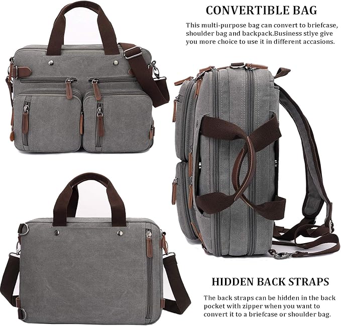 CROCOD 3 In 1 Canvas Convertible Laptop Bag for Men Women, 17.3 inch Laptop Messenger Bag Work Briefcase, Computer Shoulder Bag for Travel Business Office (17.3 Inch, Grey) | 3 In 1, Multi-pocket