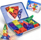 Mini Magnetic Tiles,42PCS Magnetic Building Blocks with Metal Storage Box,STEM Toys for Kids Ages 3+,Sensory Toys for Kids with Autism